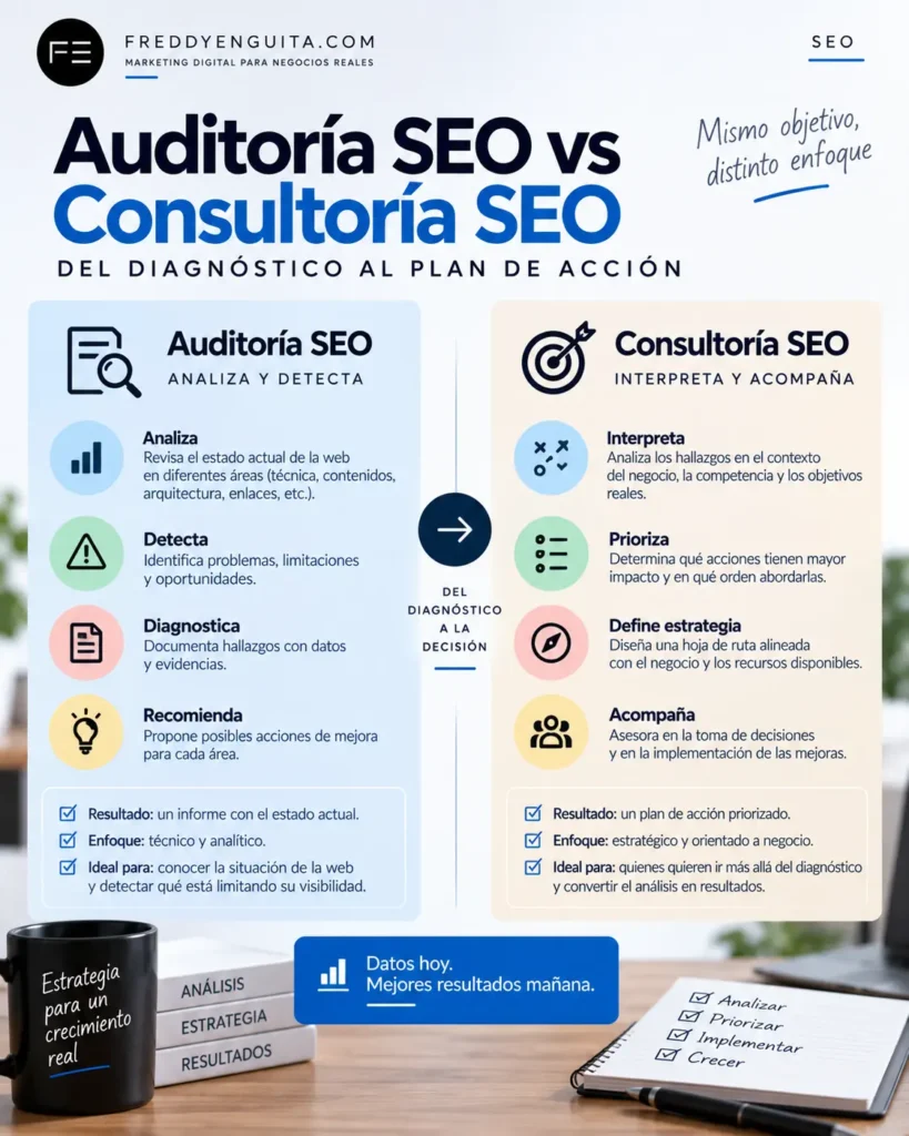 Comparativa entre auditoría SEO y consultoría SEO, mostrando las diferencias entre analizar y diagnosticar una web y priorizar, definir estrategia y acompañar la implementación.