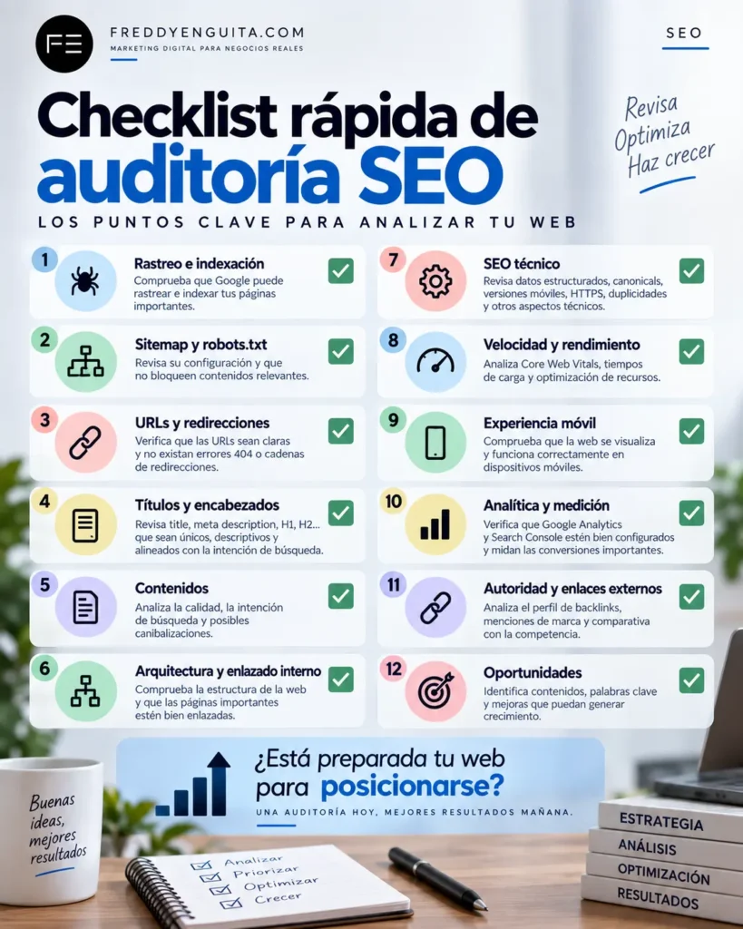 Checklist de auditoría SEO con comprobaciones de rastreo, indexación, sitemap, URLs, contenidos, arquitectura, SEO técnico, velocidad, móvil, analítica, autoridad y oportunidades.