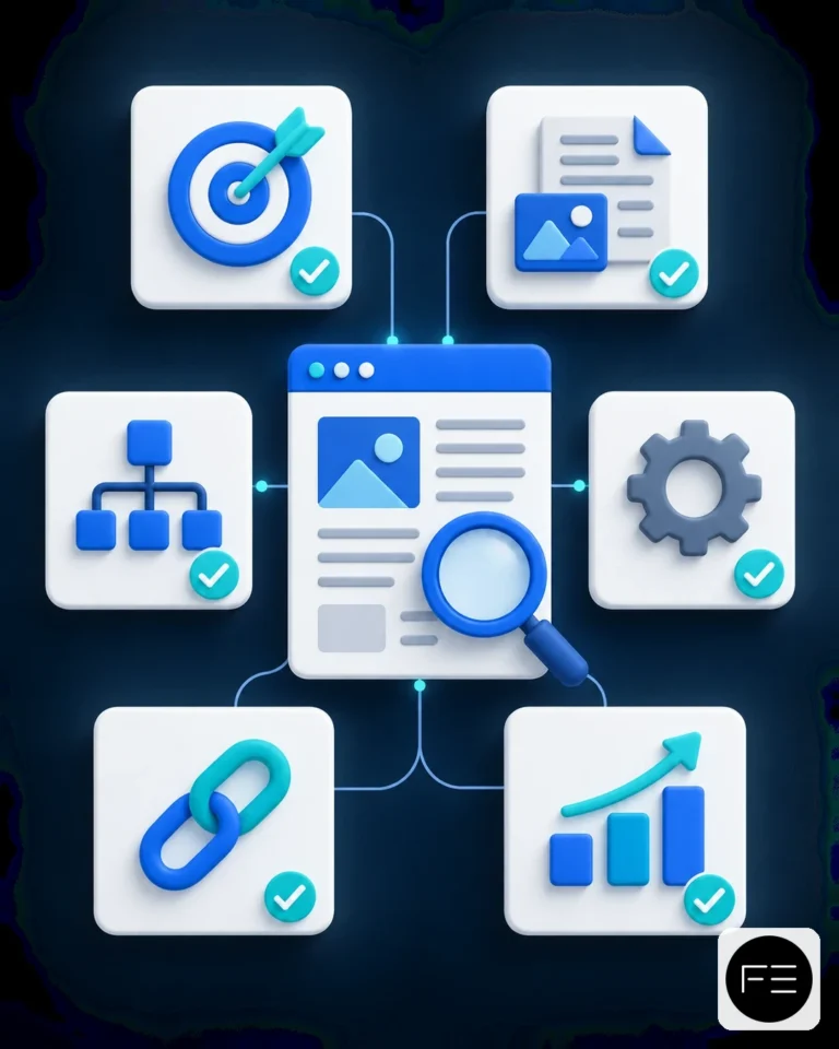 Errores SEO frecuentes: qué revisar antes de cambiar tu web Ilustración de una página web rodeada de iconos de objetivo, contenido, estructura, enlaces, ajustes y resultados