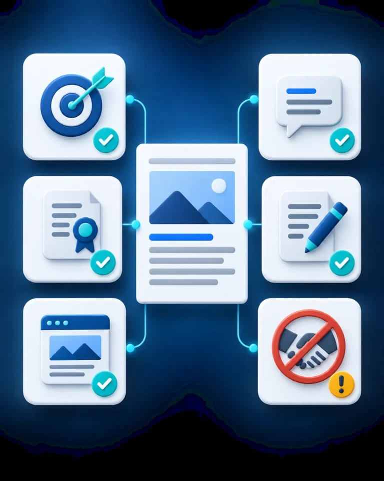 Checklist visual con tarjetas de relevancia, fuente editorial, contexto, texto natural, transparencia y revisión de una referencia externa.