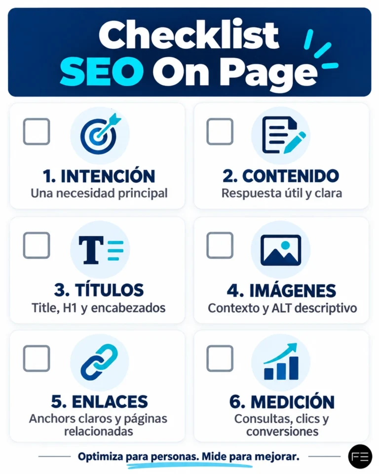 SEO On Page: qué es y cómo optimizar una página Checklist con las comprobaciones principales de intención, contenido, títulos, enlaces, imágenes y medición.