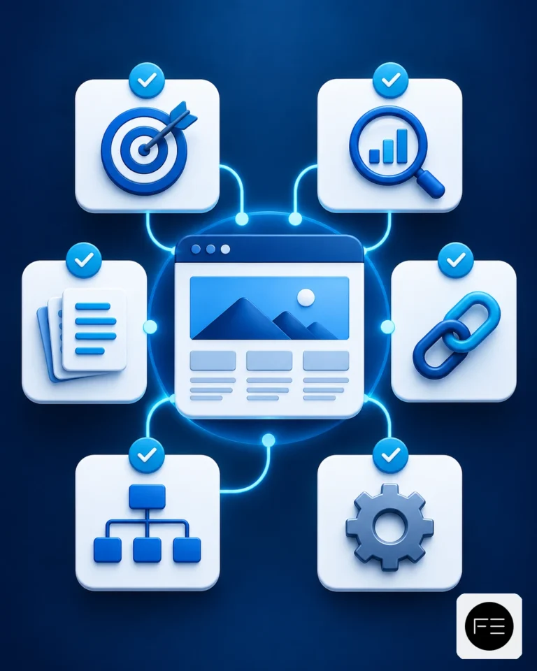 Ilustración de una web corporativa conectada a iconos de objetivo, contenido, enlaces, estructura técnica y medición