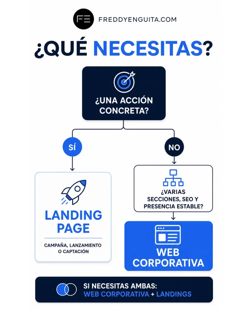 Árbol de decisión para elegir una landing orientada a una acción concreta, una web corporativa con varias secciones o ambas soluciones.