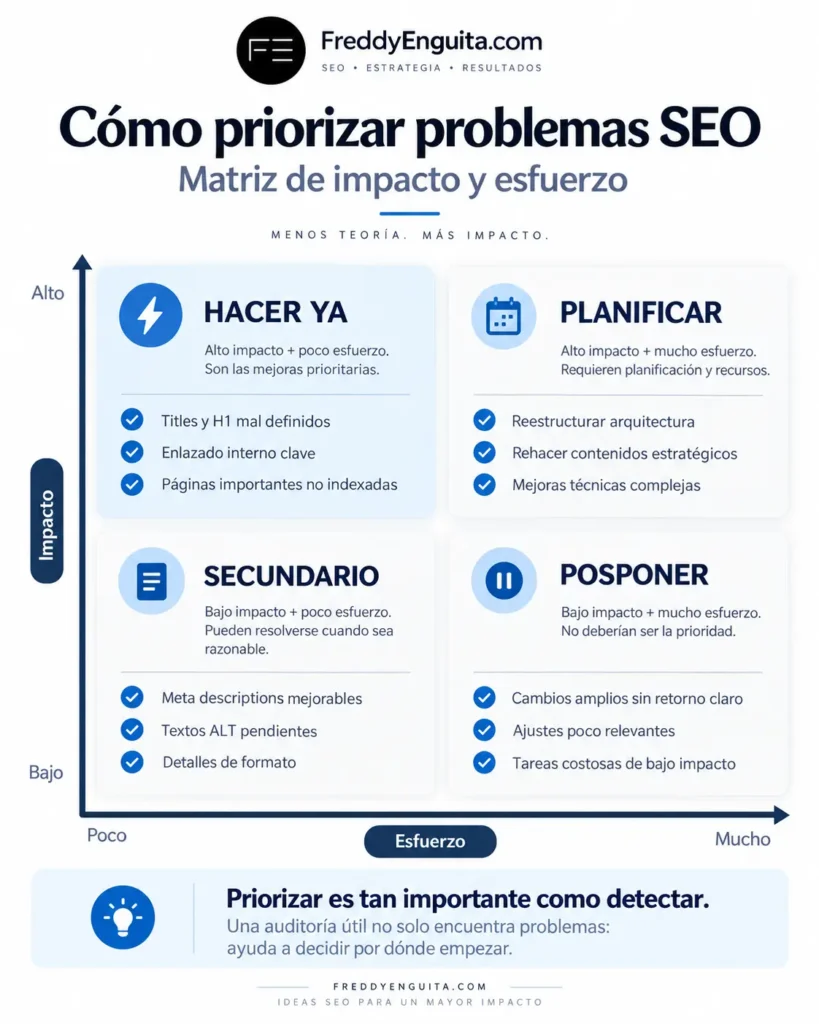 Matriz de priorización SEO que clasifica los problemas según impacto y esfuerzo en hacer ya, planificar, secundario o posponer.