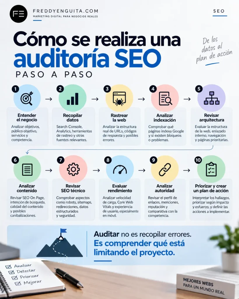 Infografía con el proceso de una auditoría SEO desde el análisis del negocio y la recopilación de datos hasta el rastreo, indexación, contenidos, SEO técnico, autoridad y plan de acción.