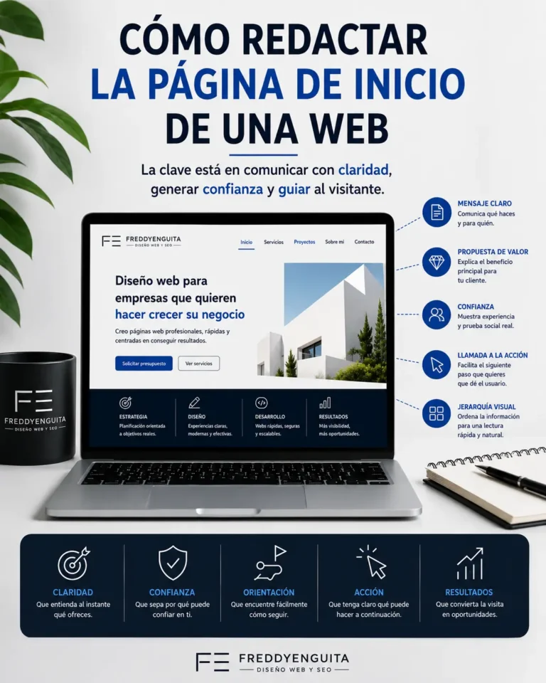 Cómo redactar la página de inicio de una web Infografía sobre cómo redactar y organizar los contenidos de la página de inicio de una web.