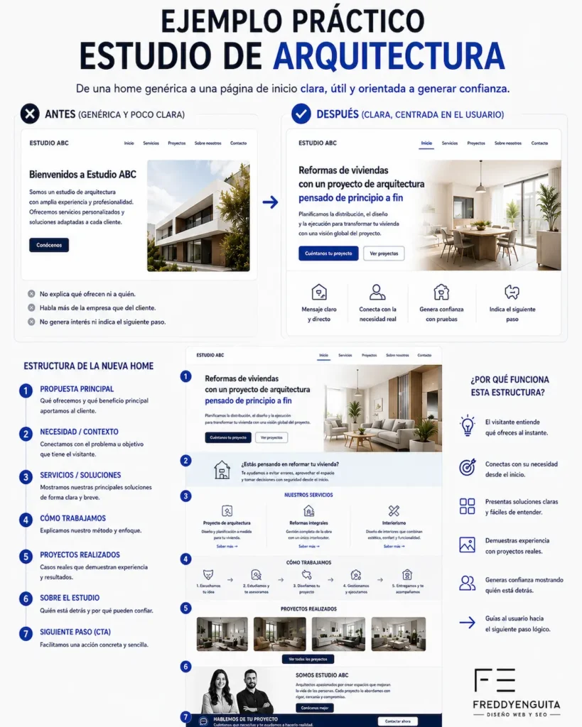 Ejemplo visual de cómo reorganizar la página de inicio de un estudio de arquitectura para comunicar con mayor claridad y orientar al visitante.