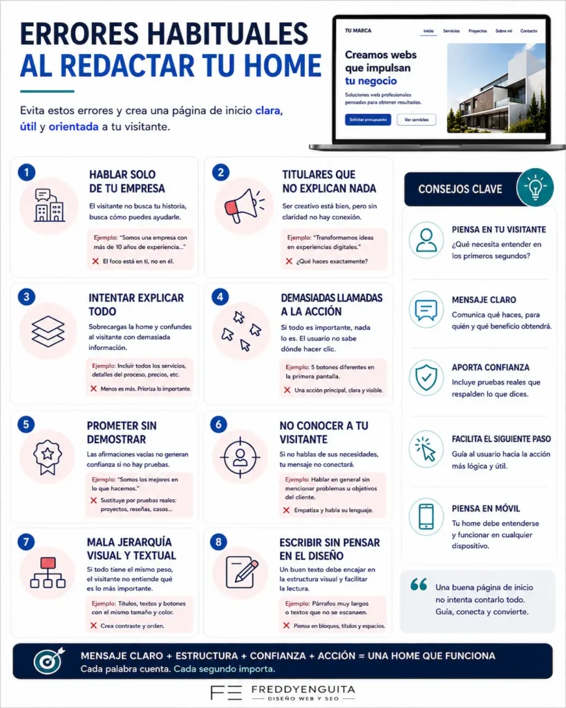 Infografía con errores habituales al redactar una página de inicio, como utilizar mensajes poco claros, explicar demasiado o incluir demasiadas llamadas a la acción.