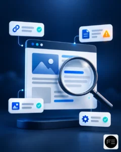 Ilustración de una página web analizada con una lupa, avisos y elementos SEO revisados