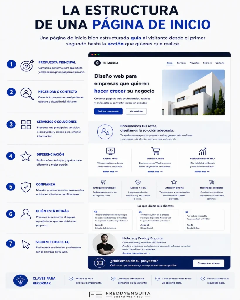 Infografía que muestra una estructura orientativa de página de inicio, desde la propuesta principal hasta la llamada a la acción.