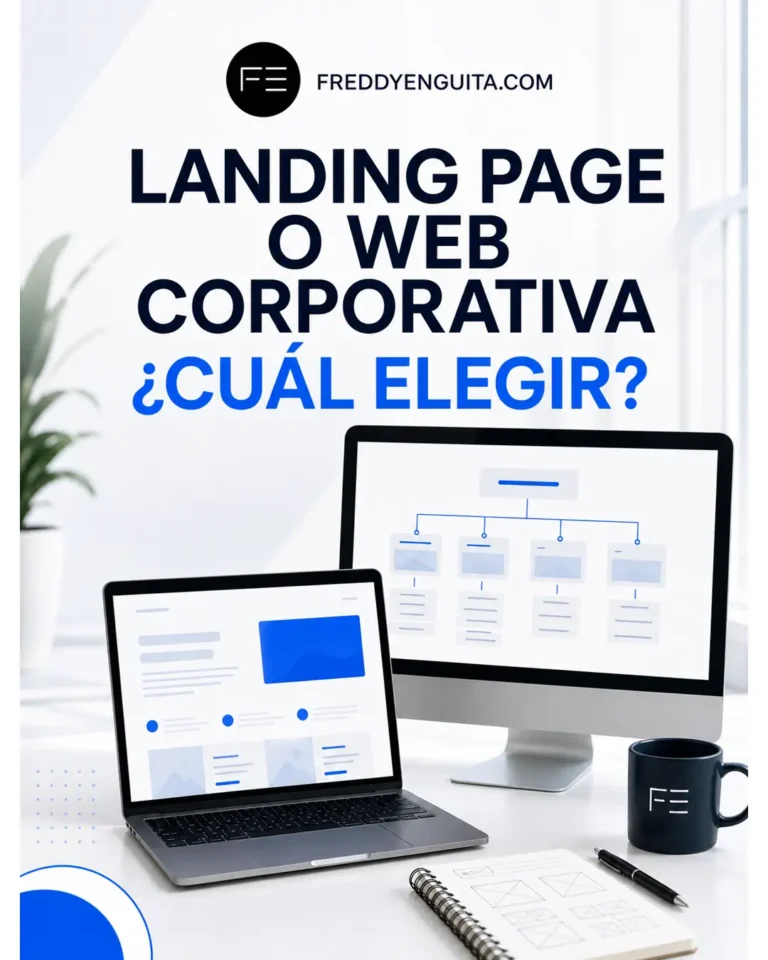 Portátil con una landing page y monitor con la estructura de una web corporativa, en una composición conceptual de escritorio.