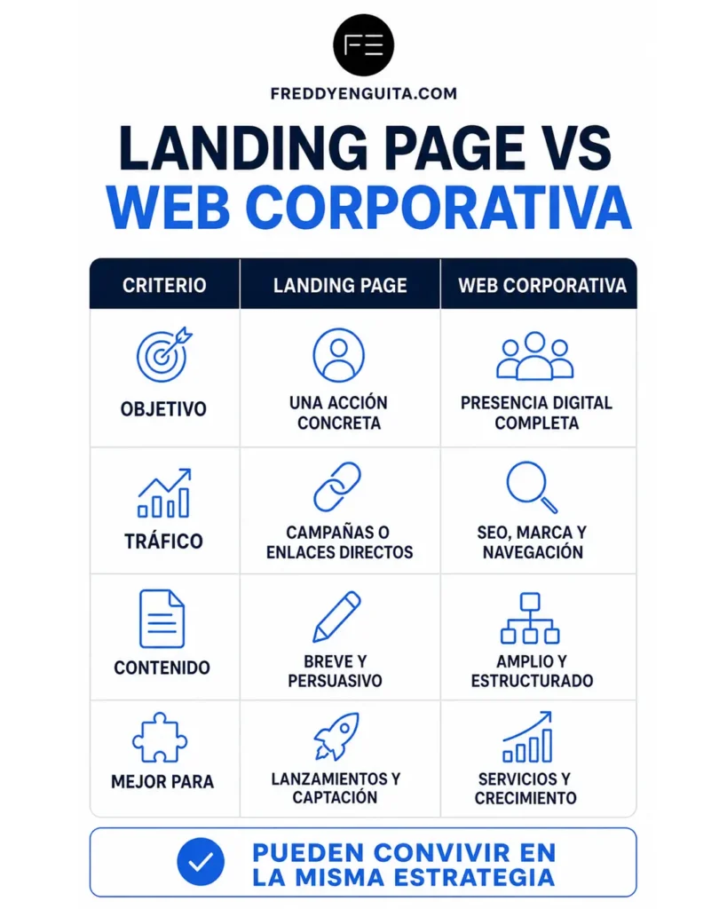 Tabla comparativa de landing page y web corporativa según su objetivo, procedencia del tráfico, contenido y usos recomendados.