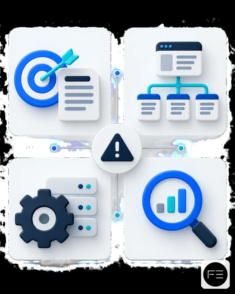 Errores SEO frecuentes: qué revisar antes de cambiar tu web Ilustración de objetivo, estructura web, ajustes técnicos y medición alrededor de un aviso SEO