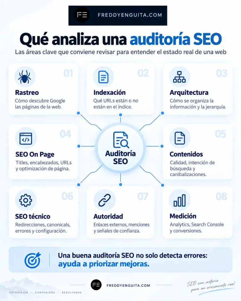 Infografía con las principales áreas que analiza una auditoría SEO: rastreo, indexación, arquitectura, SEO On Page, contenidos, SEO técnico, autoridad y medición.