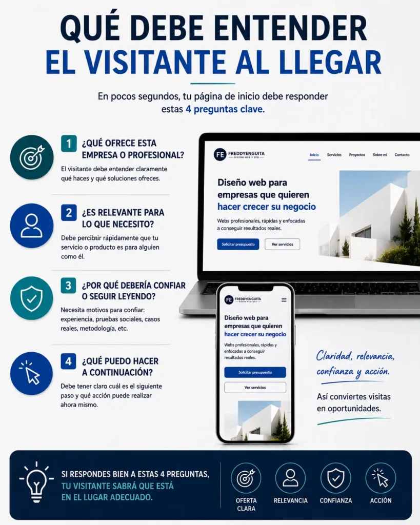 Infografía con las principales preguntas que un visitante debería poder responder al llegar a una página de inicio.