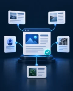 Composición conceptual de una página web conectada con varias referencias externas relevantes mediante enlaces azules.