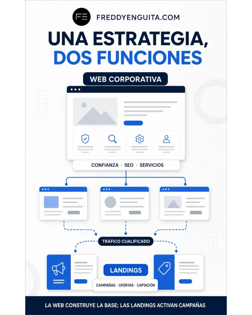 Diagrama que combina una web corporativa centrada en confianza, SEO y servicios con landings destinadas a campañas, ofertas y captación.