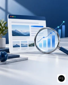 Ilustración de una página web analizada con una lupa y un gráfico de evolución para representar la medición SEO.