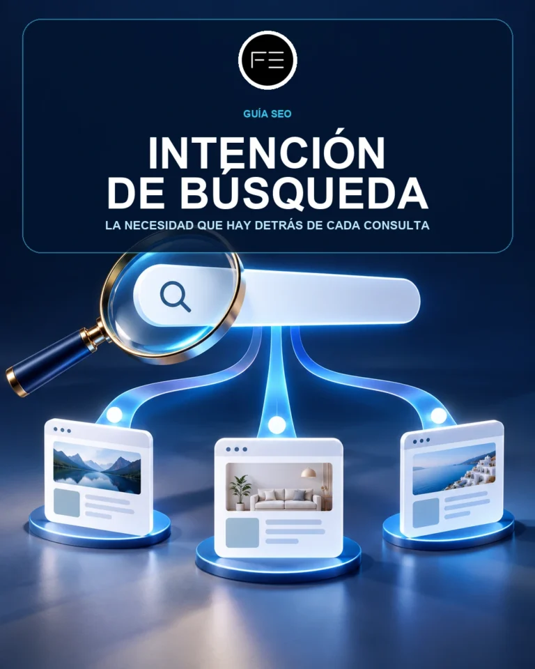 Ilustración sobre intención de búsqueda con una lupa y distintas páginas conectadas.