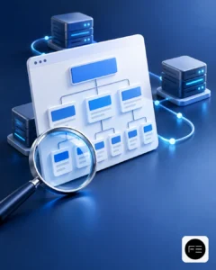 Ilustración de una arquitectura web conectada con servidores y una lupa para representar el SEO técnico.